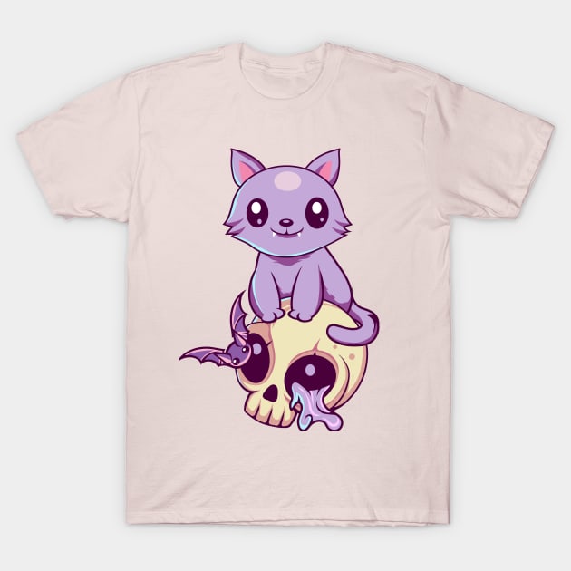 Skull Cat Kawaii T-Shirt by DionArts